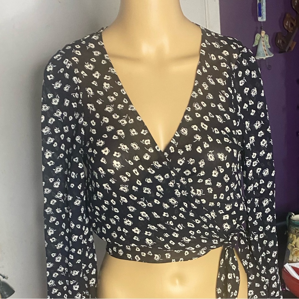 Reformation Black and White Long Sleeve Wrap Blouse